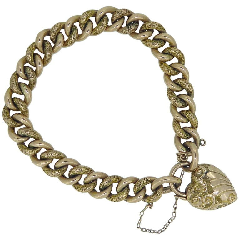 Victorian Curb Bracelet with Chased Engraving and Decorative Heart