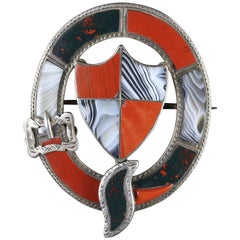 Antique Victorian Agate Shield Silver Buckle Brooch, circa 1860