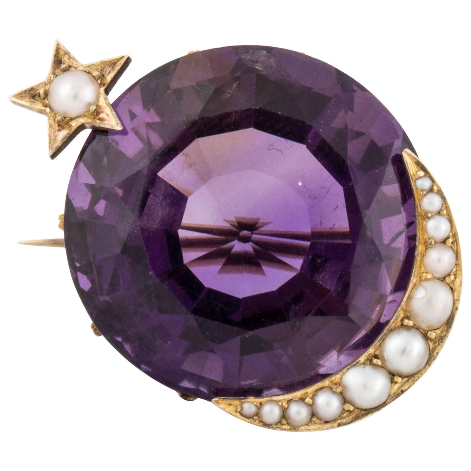 Antique Amethyst Moon and Star Watch Pin in 15K Gold For Sale