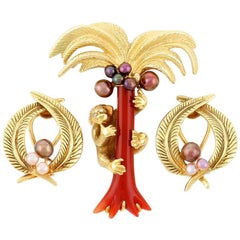 PALM TREE AND MONKEY Brooch with Matching Earrings by John Landrum Bryant