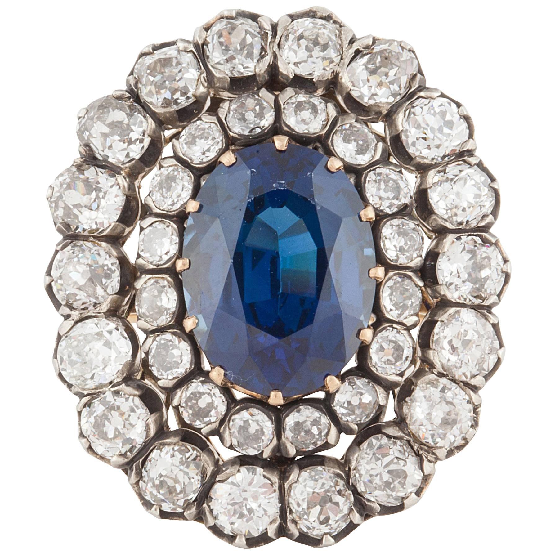 Viktorianischer Ring aus Sterlingsilber und 18 Karat Gold mit 6,78 Karat Saphir und Diamant