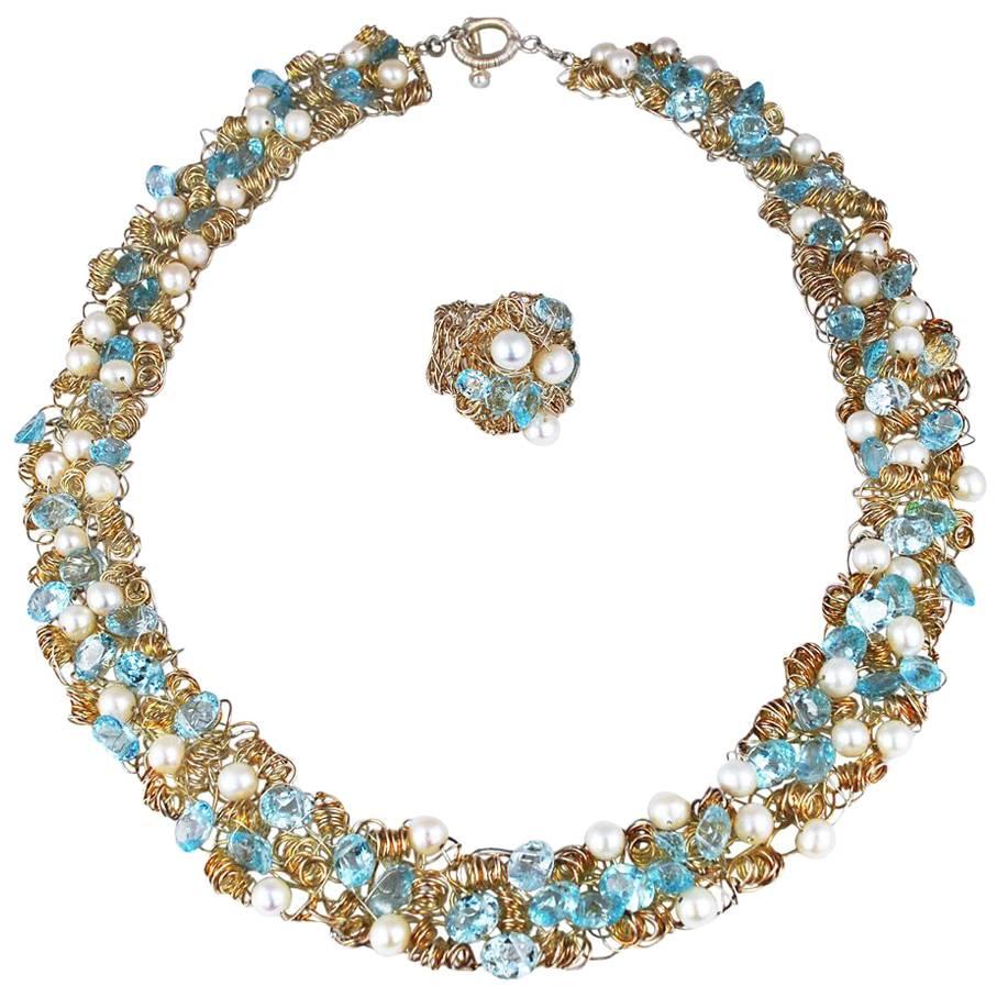 Nikki Feldbaum Sedacca Pearl Aquamarine Necklace Ring Set