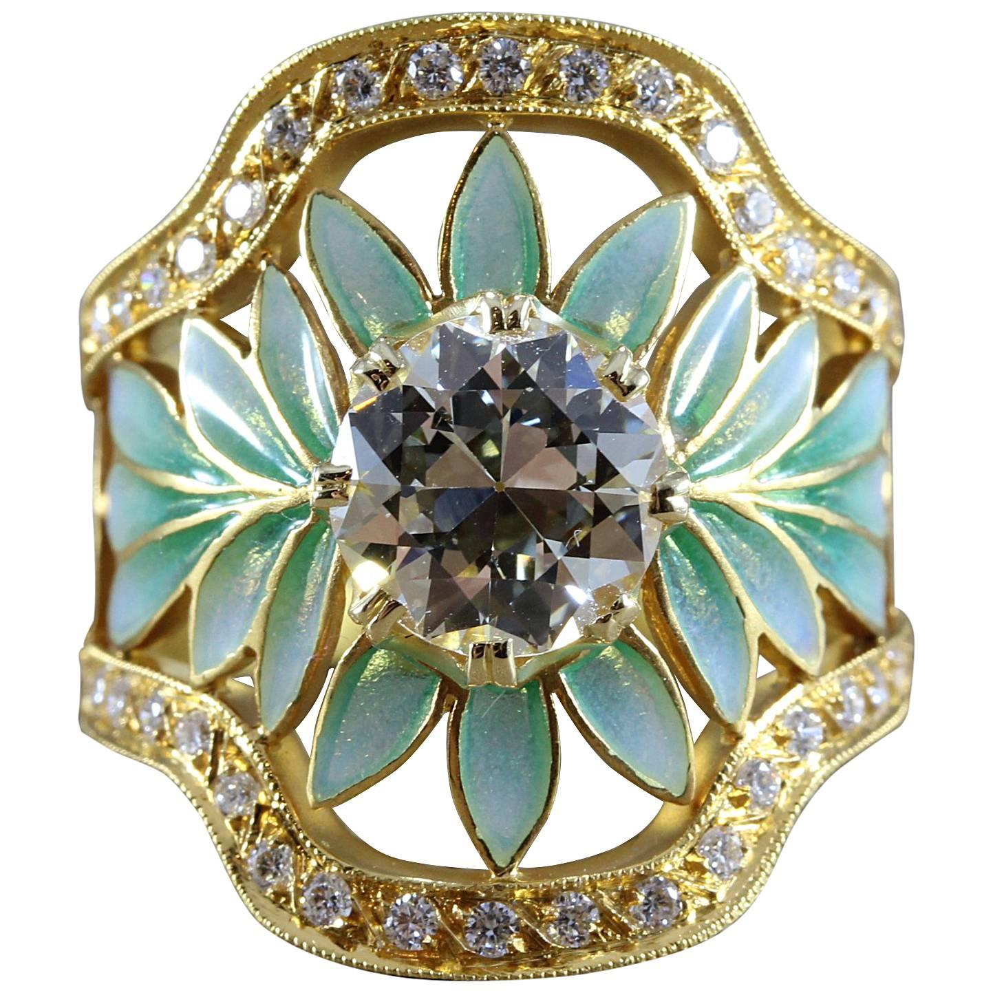 Masriera Diamond Enamel Plique-a-Jour Gold Engagement Ring