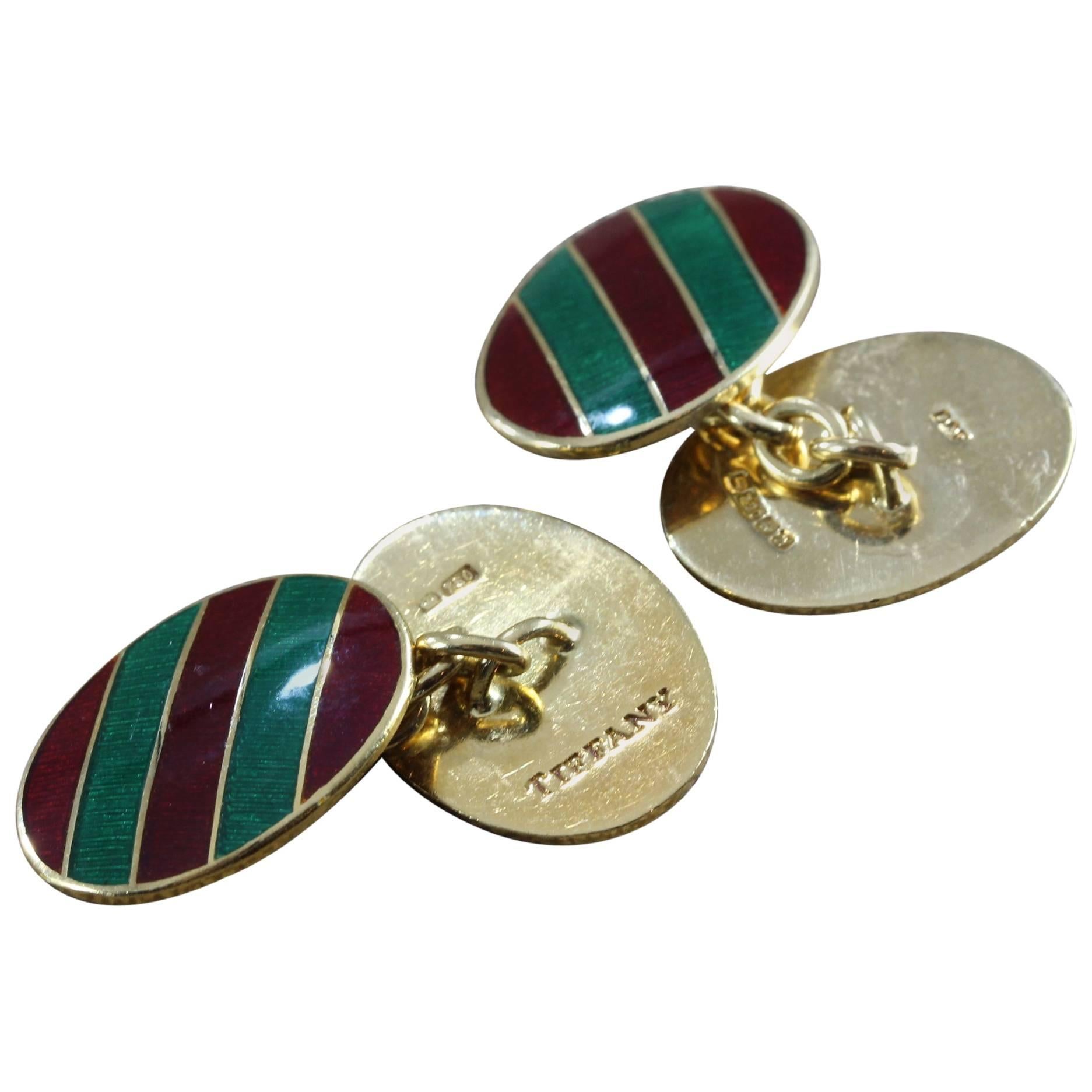 A Tiffany & Co. original, these gold enameled cufflinks were made in Birmingham, England in the late 1980’s, as seen in the assay marks. Made in 18K yellow gold, these cufflinks measure 0.75 x 0.55 inches.