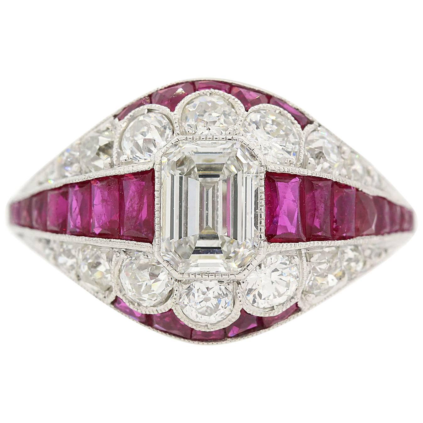 Emerald Cut  Diamond & Ruby Platinum Ring