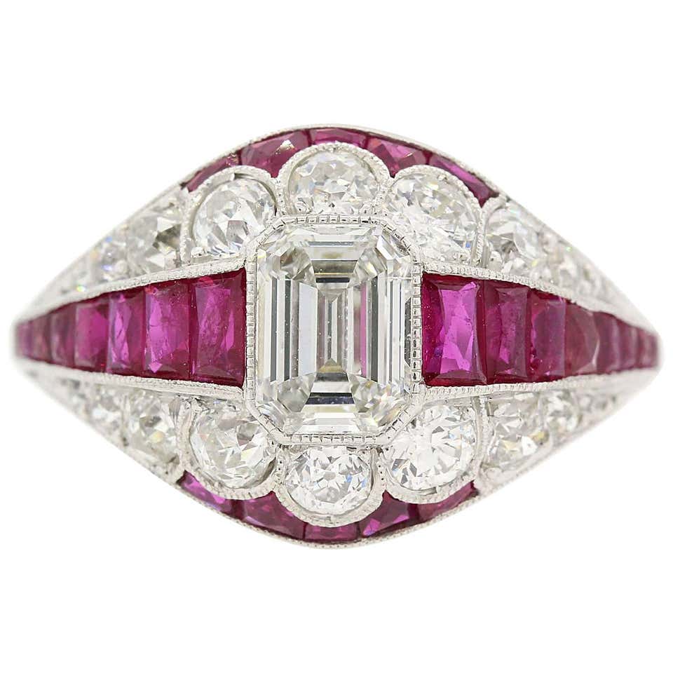 Emerald Cut Diamond and Ruby Platinum Ring at 1stDibs