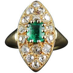 French Emerald Diamond Gold Navette Ring