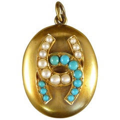 Antique Victorian Turquoise and Pearl Horseshoe Locket Pendant in 15 Carat Gold