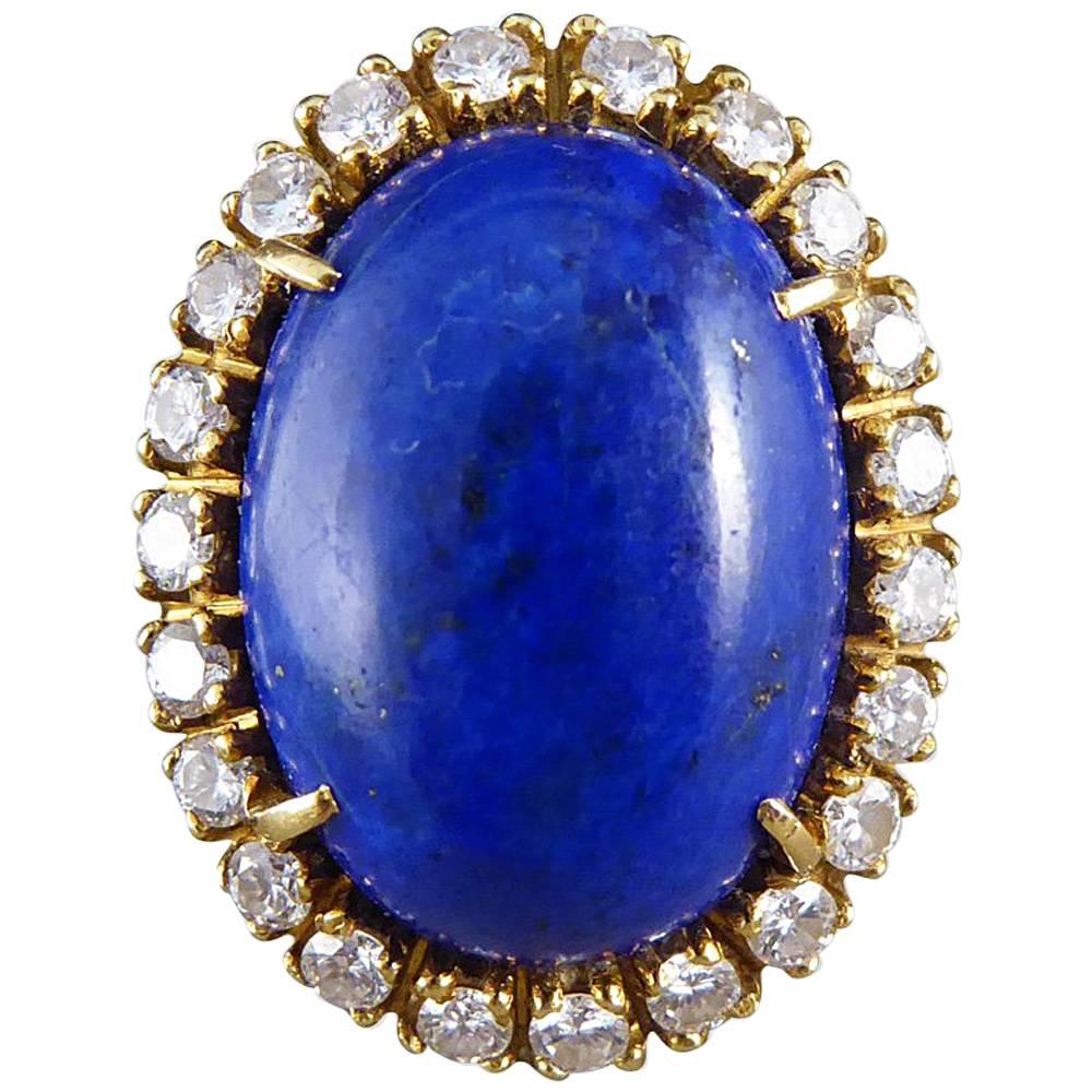 Vintage Large Lapis Lazuli and Diamond Ring in 18 Carat Gold