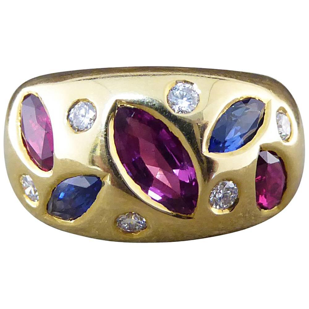Contemporary Ruby, Sapphire and Diamond Gypsy Ring in 18 Carat Gold