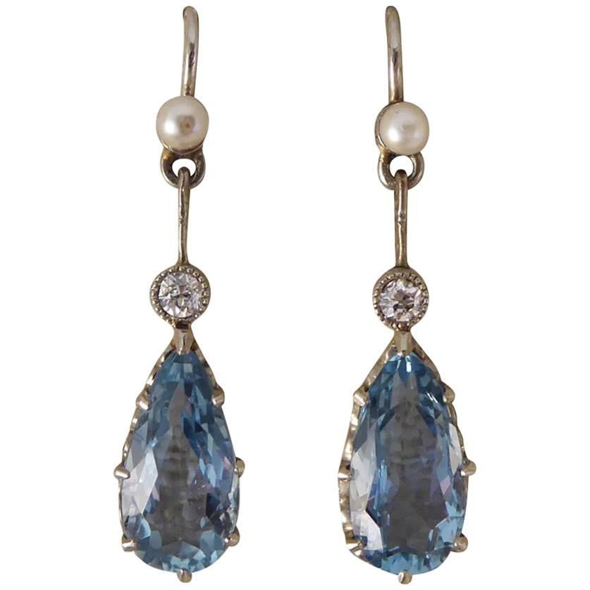 1930s Aquamarine, Pearl and Diamond Drop Earrings in 18 Carat White Gold