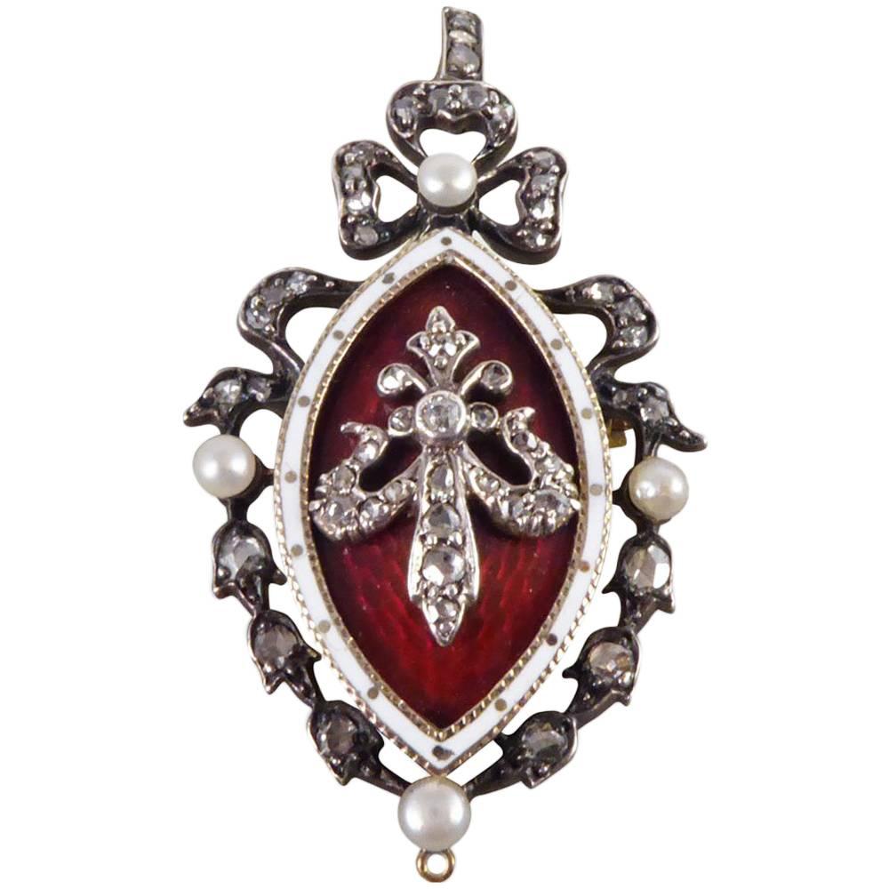 Victorian Blood Red and White Enamel, Pearl and Diamond Pendant