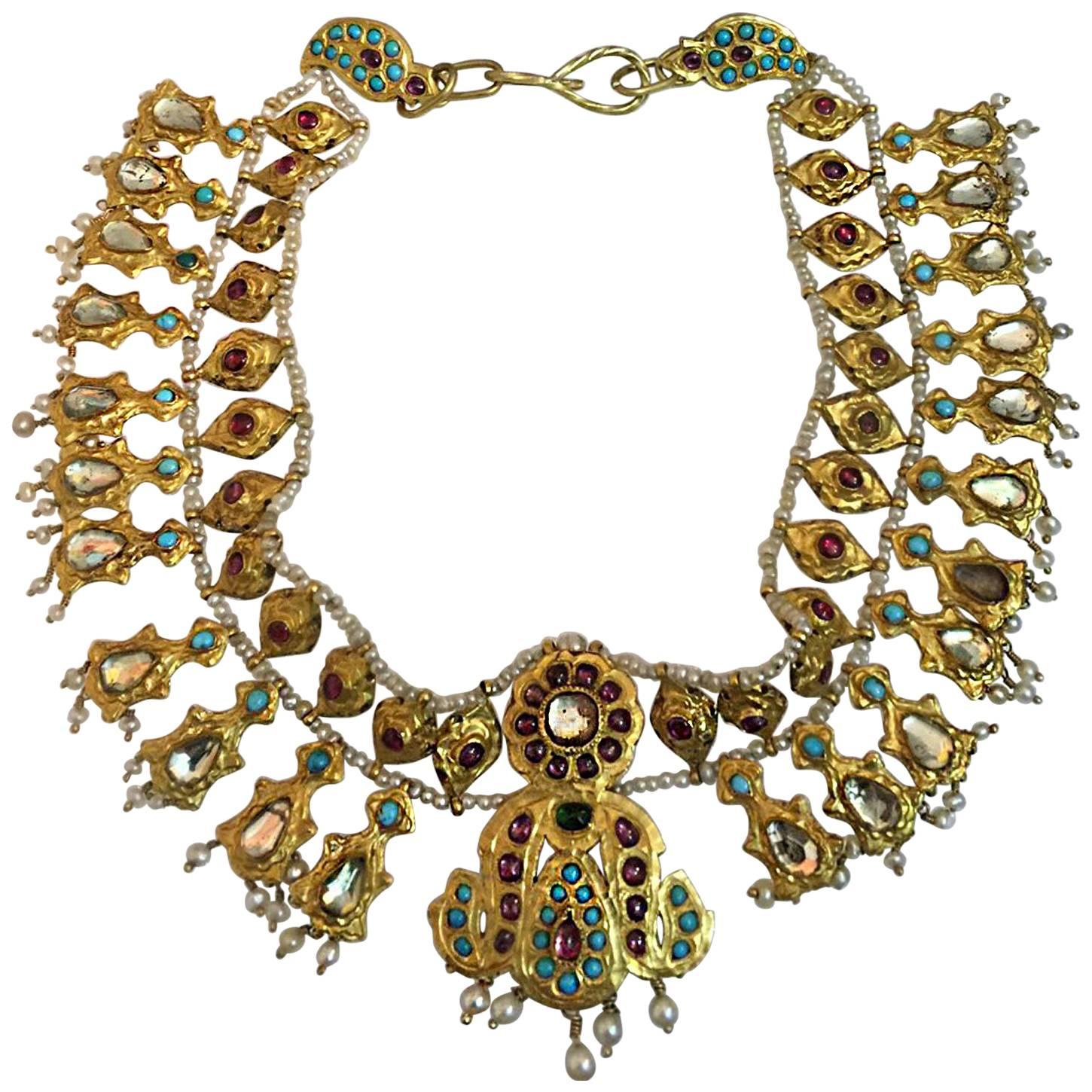 22 Karat Gold Rajasthan Mughal Necklace with Ruby, Turquoise and Pearl For Sale