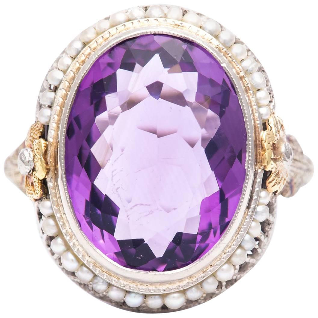 Art Deco Flora Amethyst and Pearl Ring in Yellow, White Gold For Sale