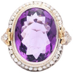 Art Deco Flora Amethyst and Pearl Ring in Yellow, White Gold