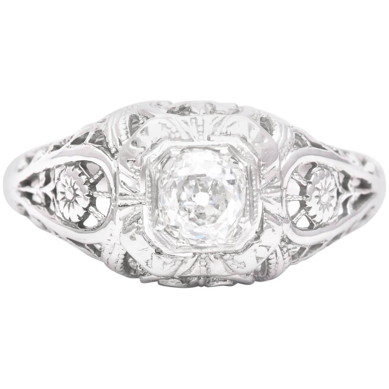 Floral Art Deco Diamond Solitaire Engagement Ring For Sale