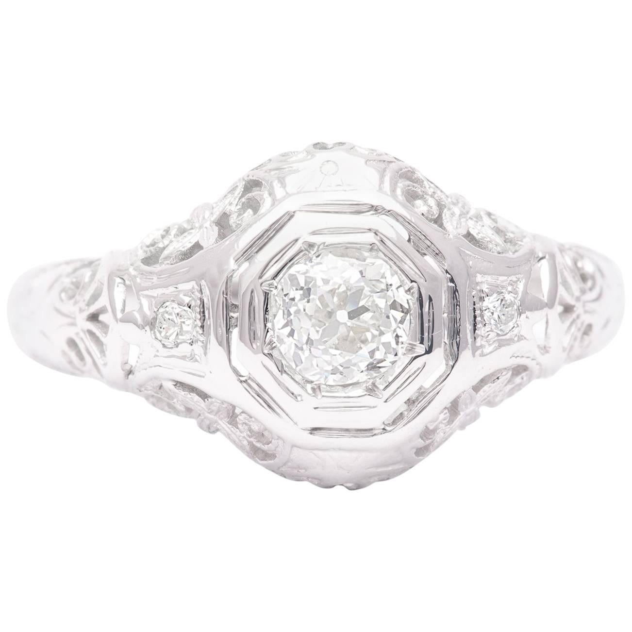 Filigree Art Deco Diamond Engagement Ring in 18 Karat White Gold For Sale