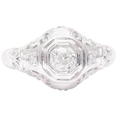 Filigree Art Deco Diamond Engagement Ring in 18 Karat White Gold