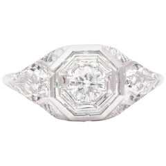 Antique Art Deco Floral Diamond Solitaire Engagement Ring in 18 Karat White Gold