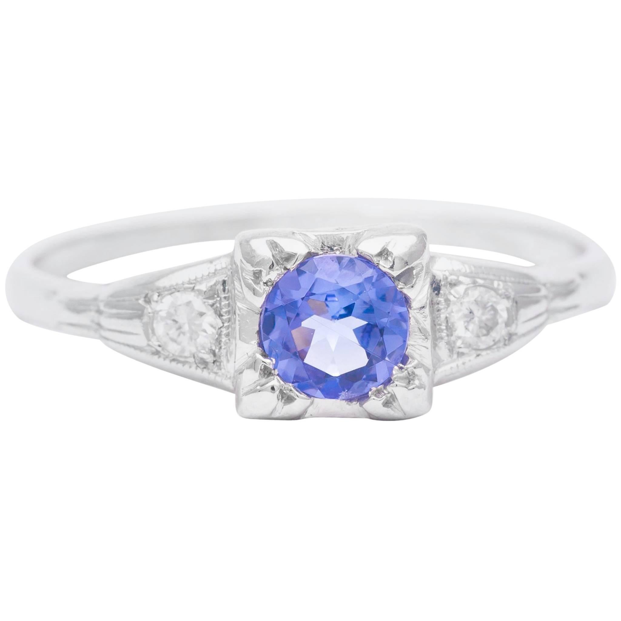 Art Deco Sapphire and Diamond Three-Stone Ring in Platinum For Sale