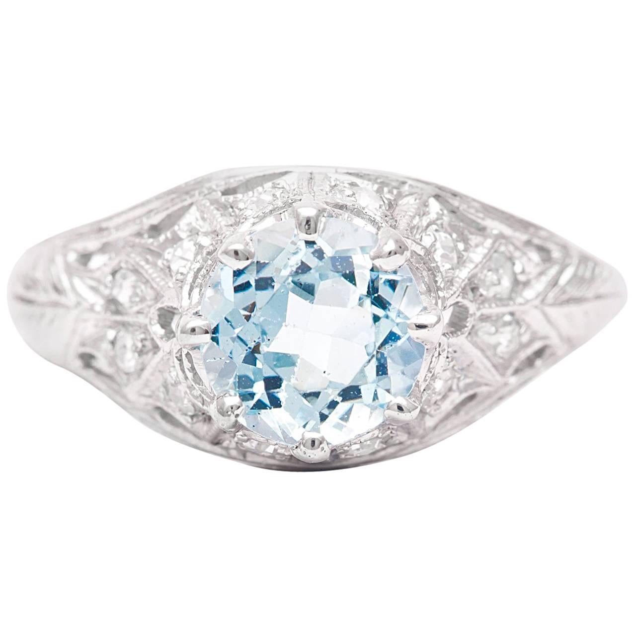 Art Deco Aquamarine and Diamond Filigree Ring in Platinum For Sale