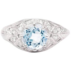 Art Deco Aquamarine and Diamond Filigree Ring in Platinum