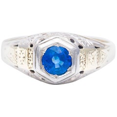 Art Deco Hand Engraved Sapphire Men's Ring in White and Yellow Gold