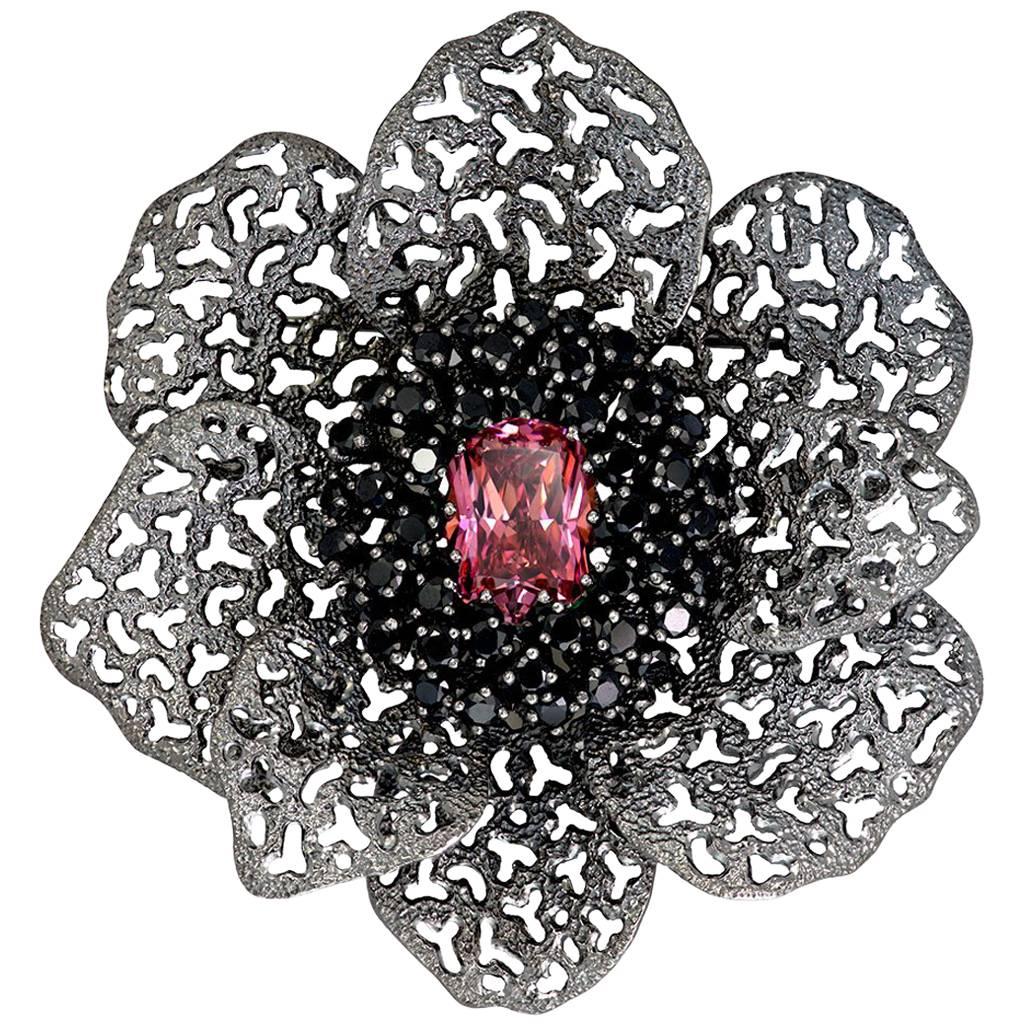 Pink Crystal Black Spinel Dark Sterling Silver Brooch Pendant