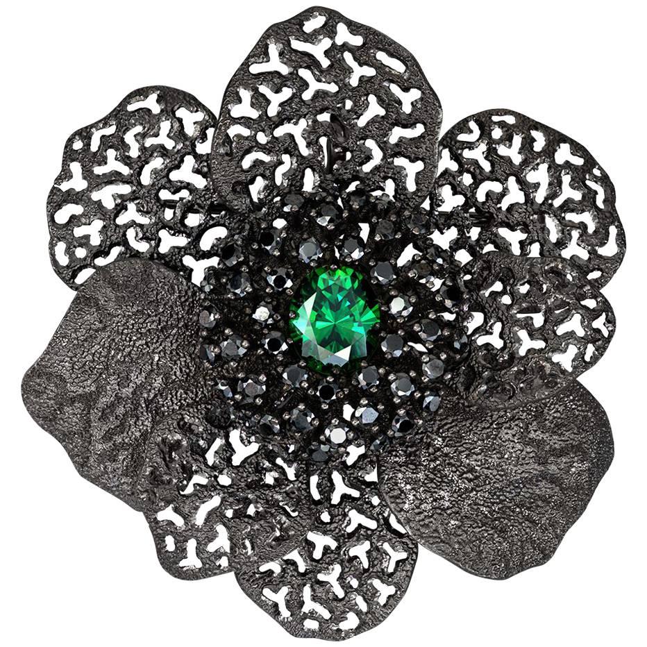 Green Crystal Black Spinel Dark Sterling Silver Brooch Pendant
