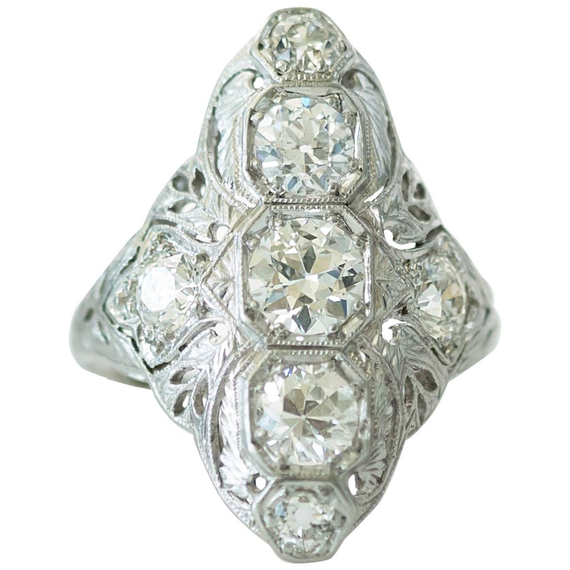1930s Art Deco 2.06 Carat Diamond Platinum Shield Ring
