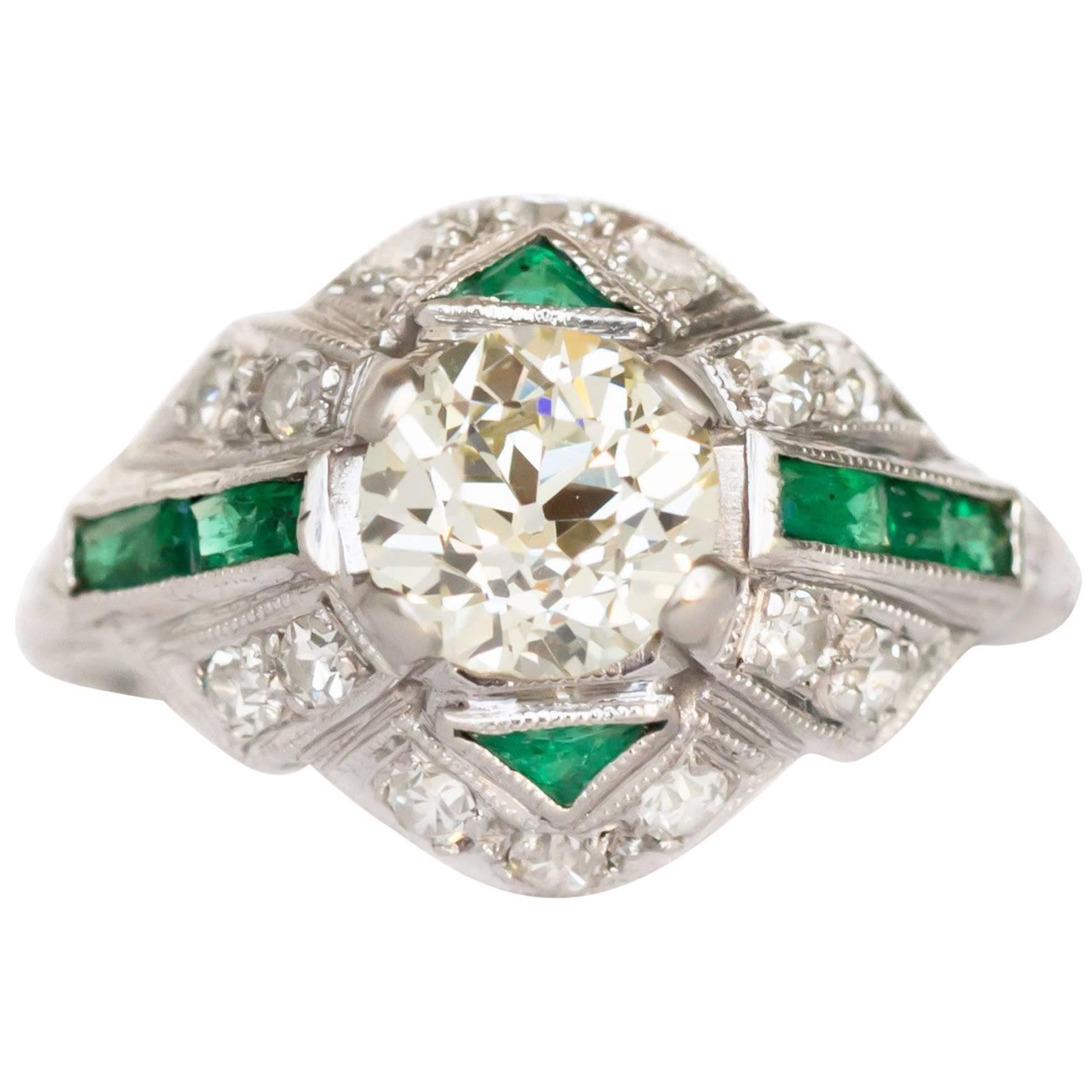 1.01 Carat Diamond and Emerald Platinum Engagement Ring For Sale