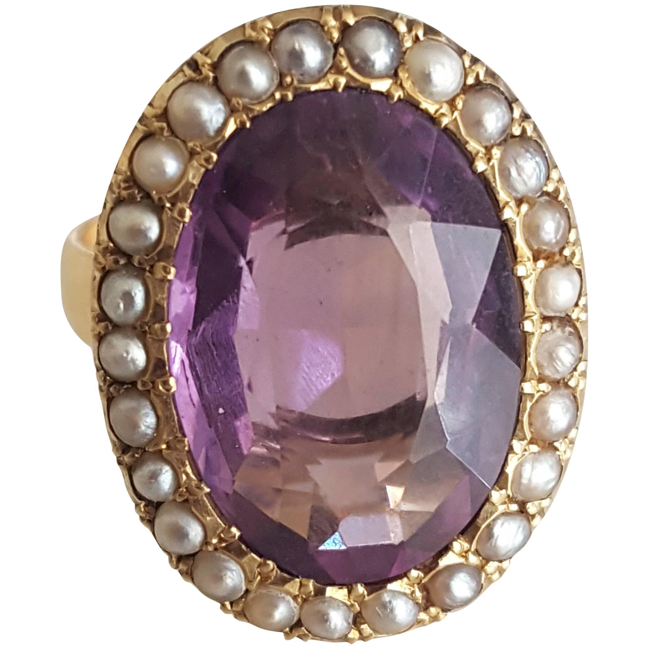 Victorian Amethyst Pearl Gold Cocktail Ring
