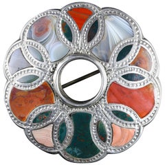 Antique Victorian Silver Plaid Agate Brooch, circa 1860