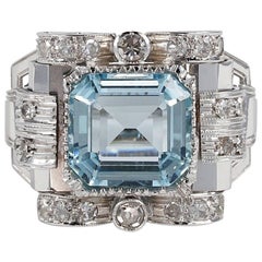 Antique Art Deco 5.20 Carat Aquamarine Diamond Ring