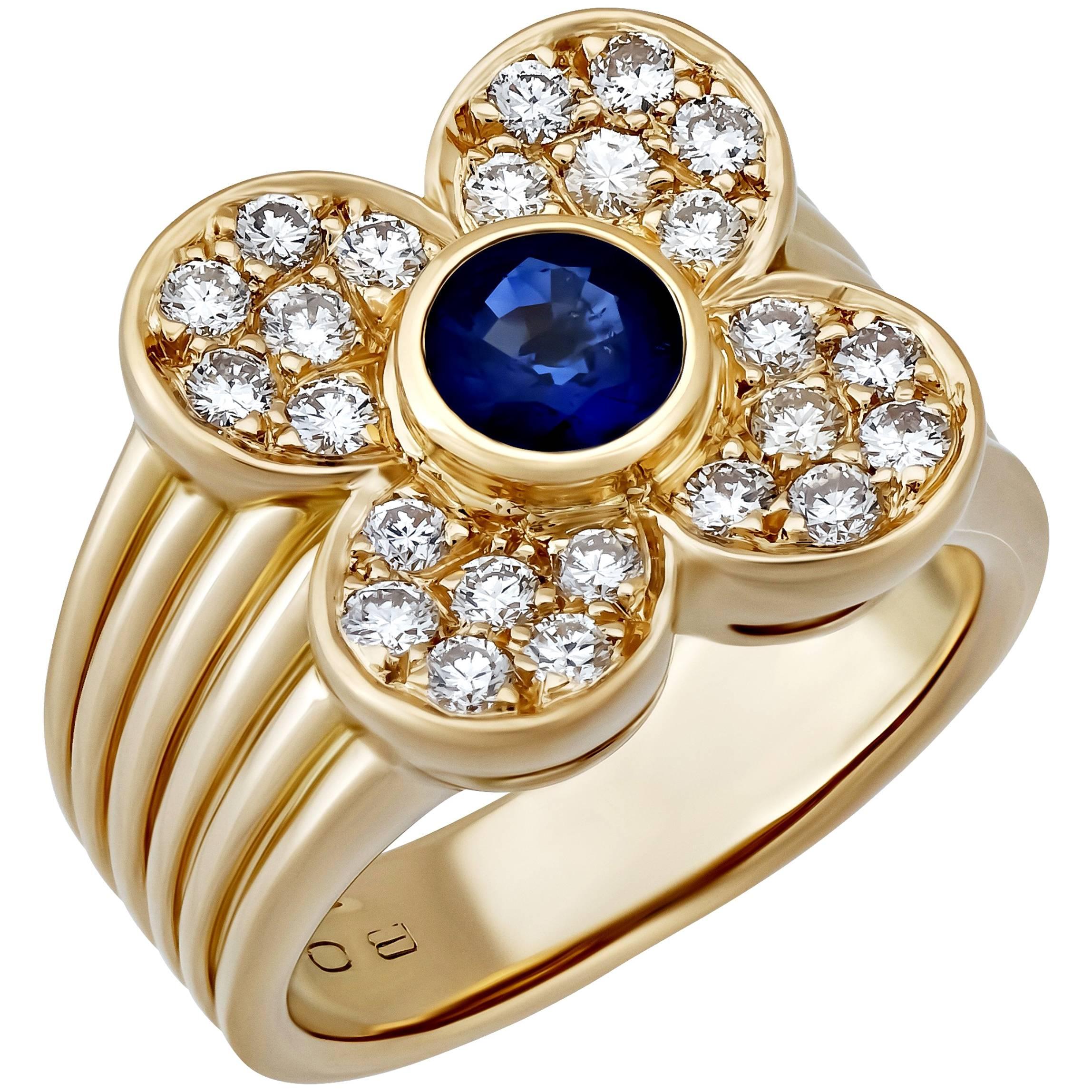 Van Cleef & Arpels 18K Yellow Gold Diamond and Sapphire Floral Ring Size: 5.75