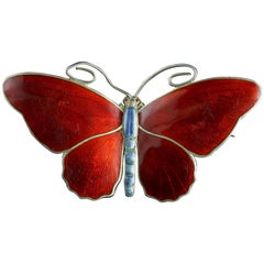 Antique Victorian Enamel Butterfly Deep Red Silver Brooch