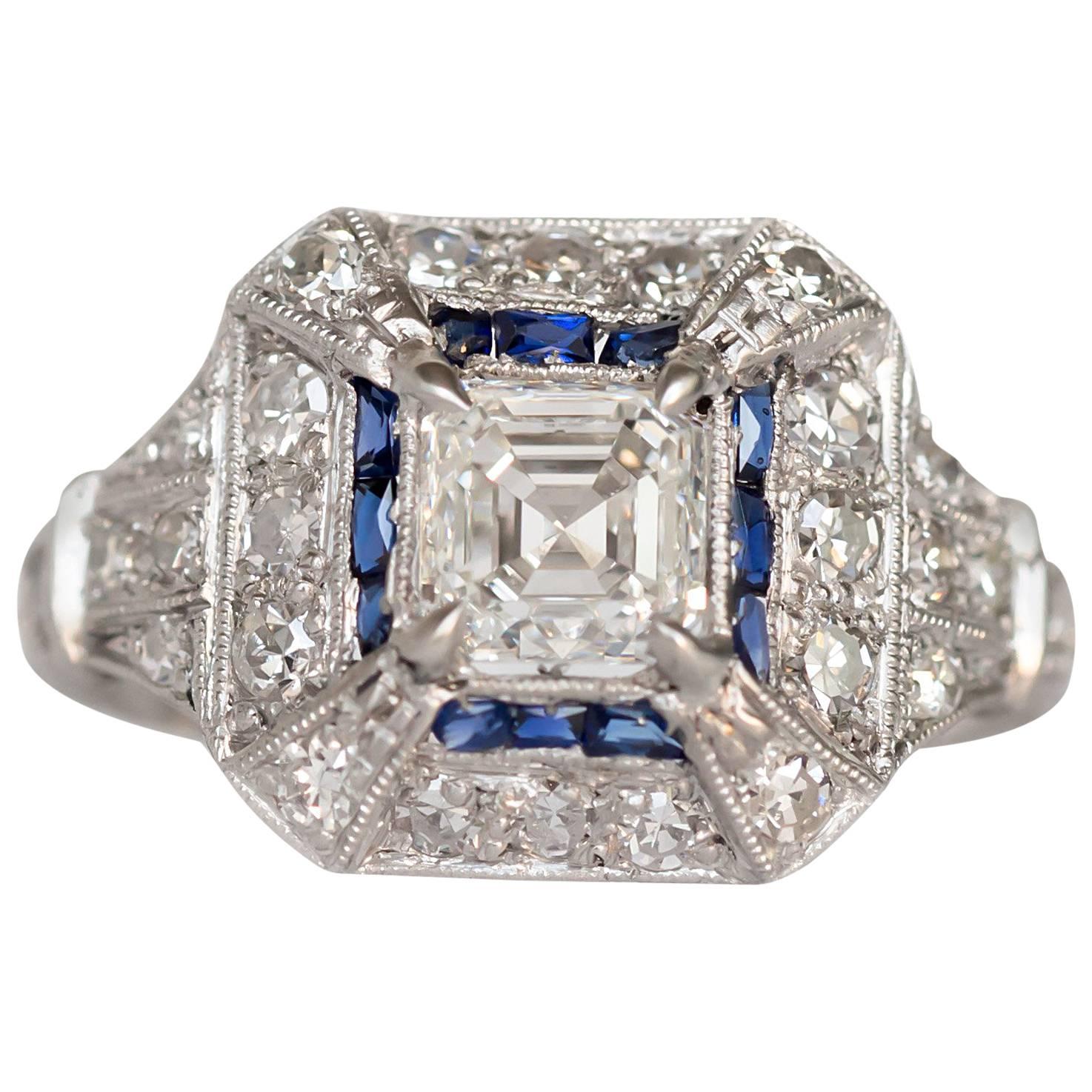 GIA Certified 1.01 Carat Diamond and Sapphire Platinum Engagement Ring