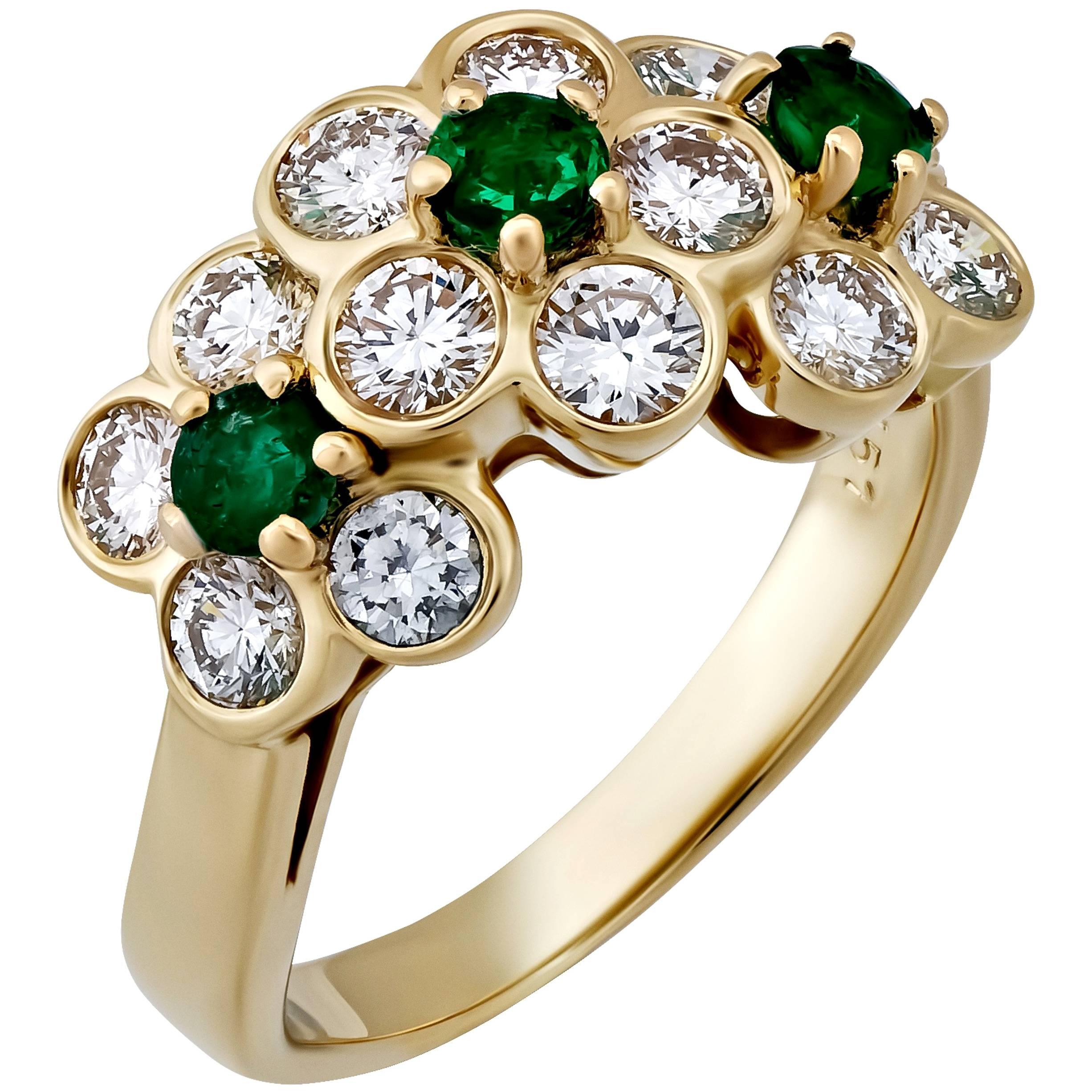 Van Cleef & Arpels 18K Yellow Gold Diamond and Emerald Floral Ring Size: 5