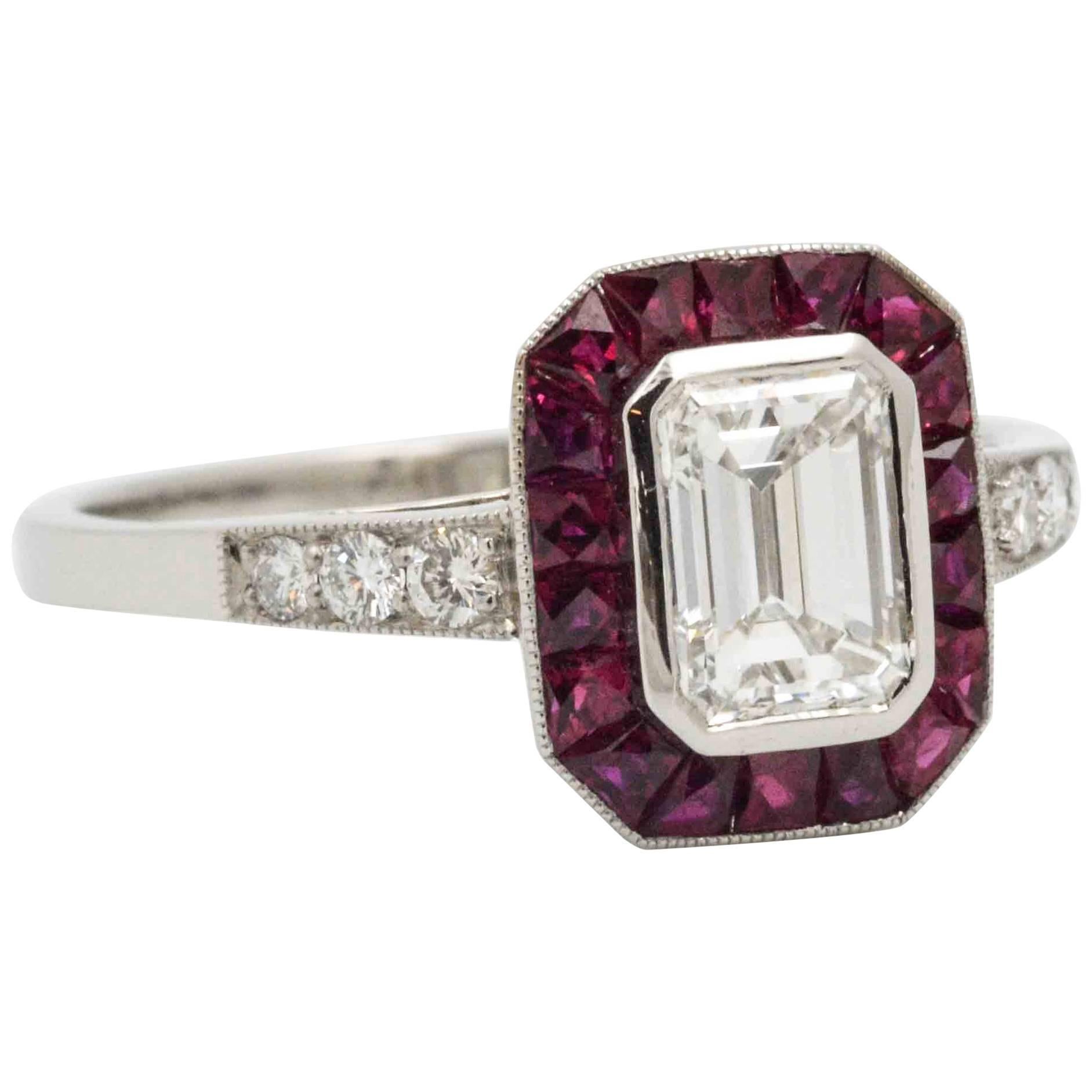  0.72 Carat Emerald Cut Diamond Ruby Halo Platinum Engagement Ring