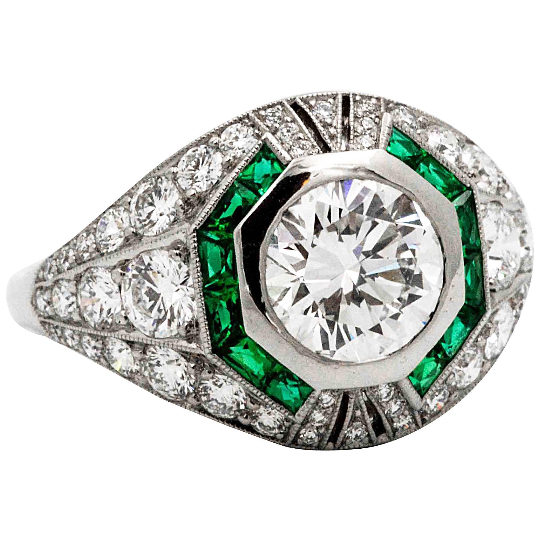 1.58 Carat Round Diamond Emerald Halo Engagement Platinum Ring