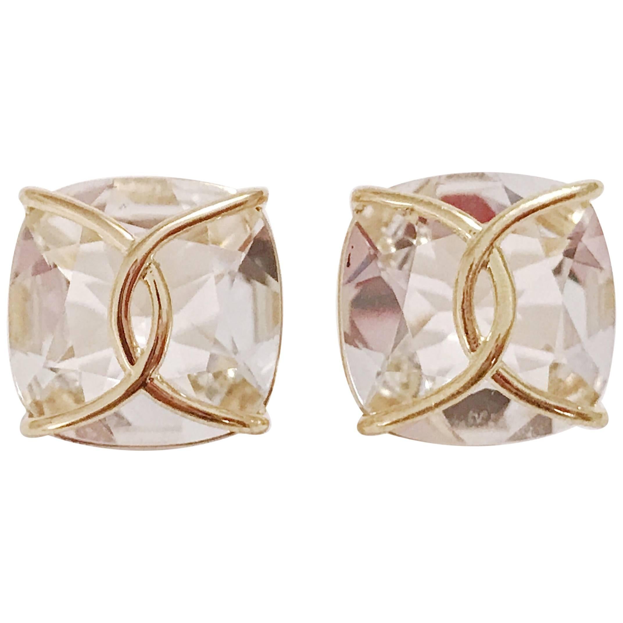 Rock Crystal Cushion Stud Earring with Yellow Gold Wire Wrap For Sale