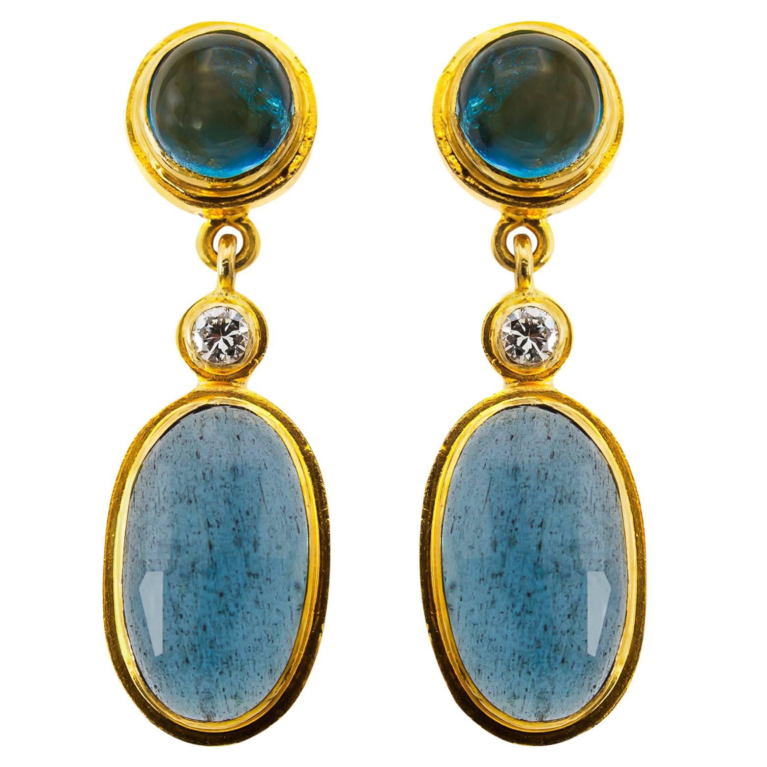 Moss Aquamarine and Blue Tourmaline Drop Earrings in Yellow Gold with Diamonds