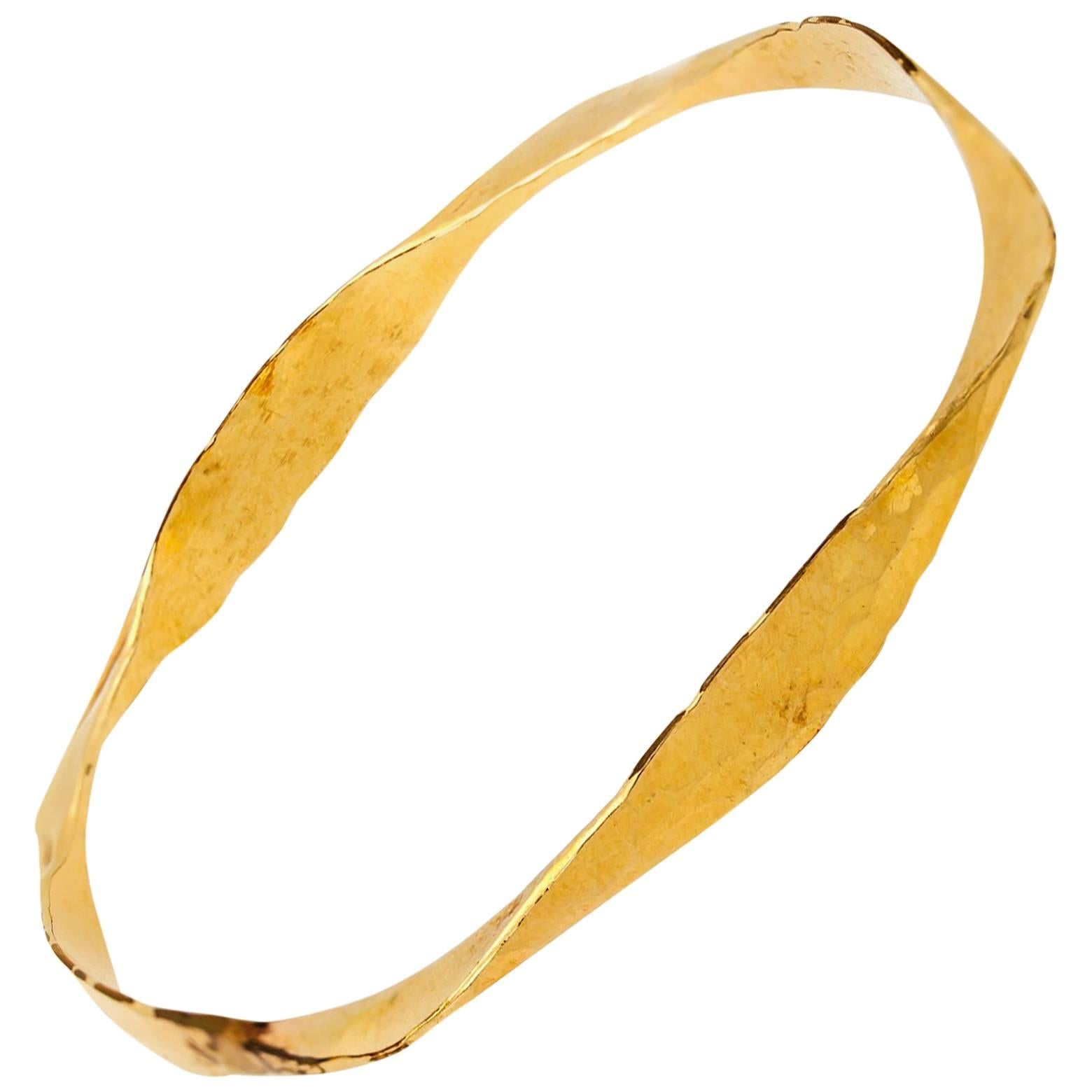 Hammered 14k Gold Bangle in Twisted Yellow Gold