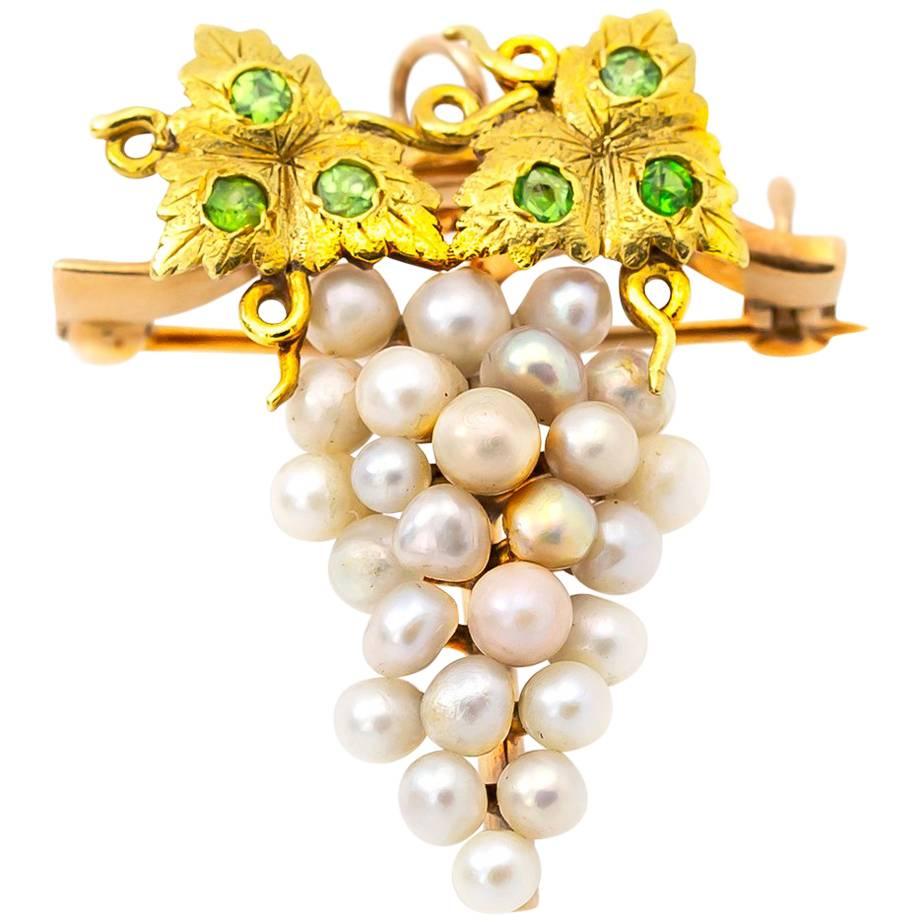Grape Pin Brooch in Gold with Demantoid Green Garnet and Fresh Water Pearls