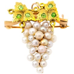 Antique Grape Pin Brooch in Gold with Demantoid Green Garnet and Fresh Water Pearls