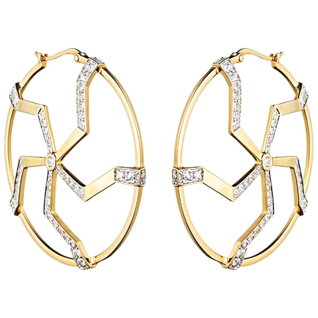 Kara Ross Diamond and Yellow Gold Hoop Earrings For Sale