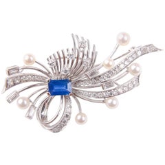 Scrolling Ribbon White Gold with Diamonds Sapphire and Cultured Pearls Brooch