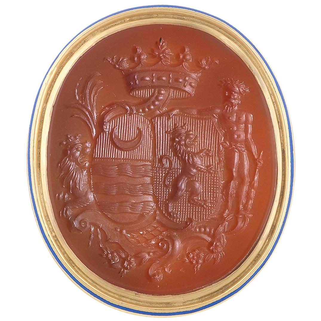 1750s French Carnelian Gold Family Crest Intaglio Ring
