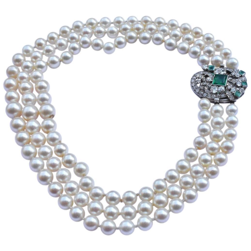 Cultured Pearl Necklace with Emerald and Diamond Clasp