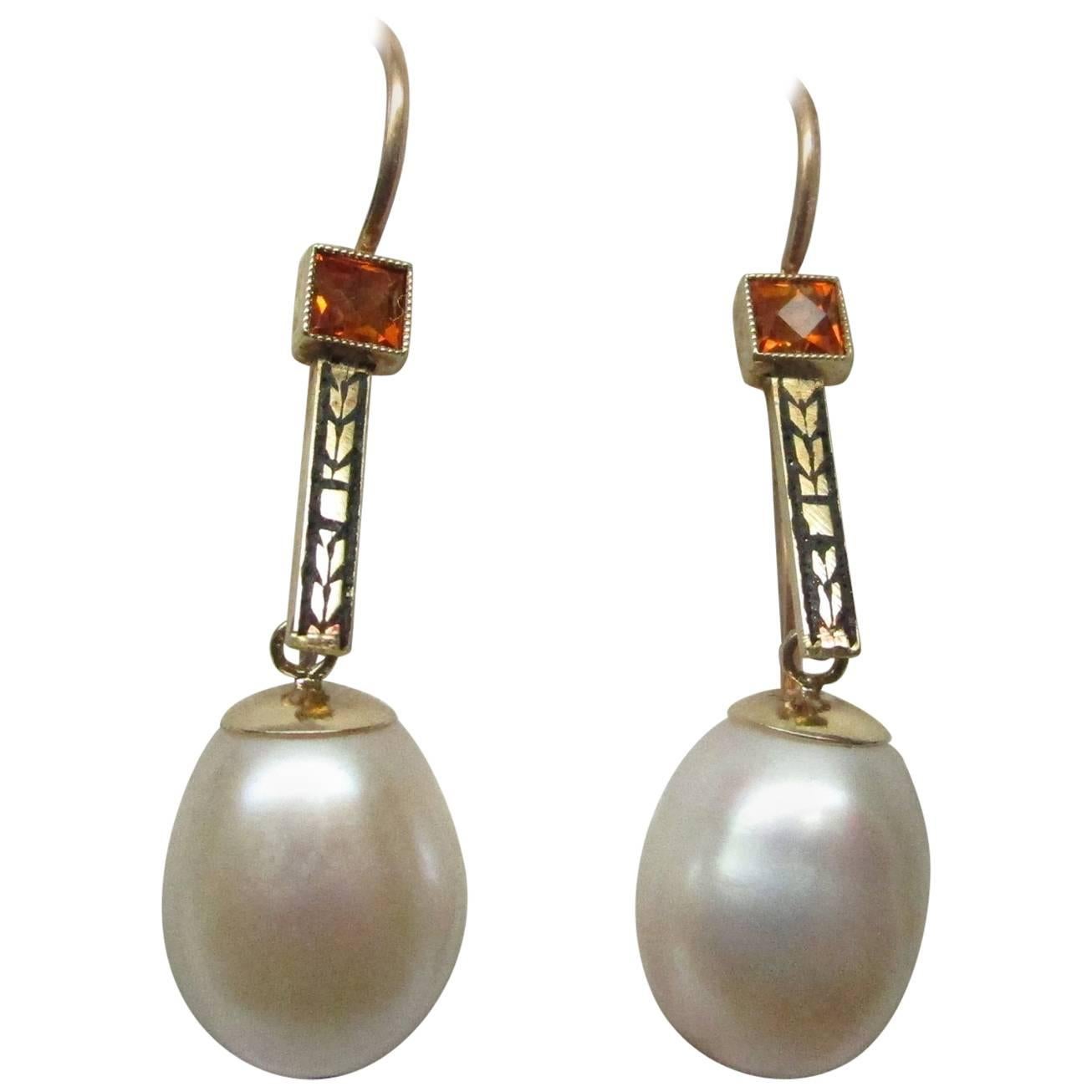 Art Deco Gold Enamel Citrine Pearl Drop Earrings